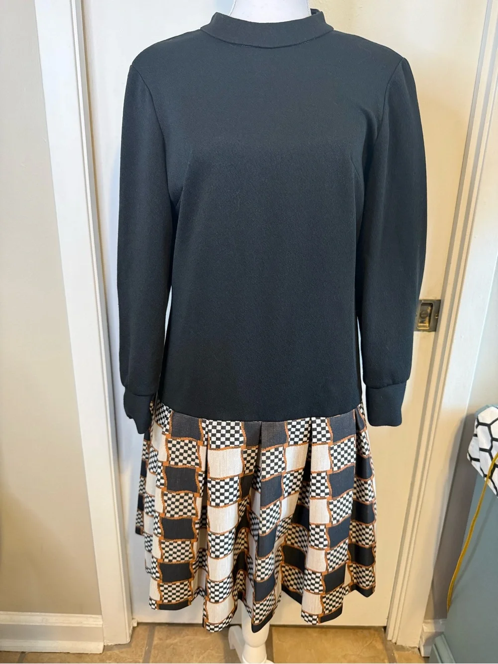 Vintage 60s/70s Mod Black Mock Neck Drop Waist Geometric Pleated Dress